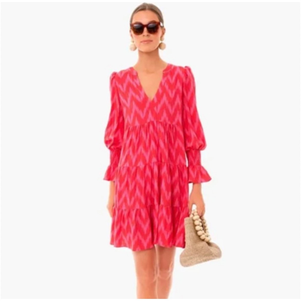 Tuckernuck Pomander Place Hot Pink and Orange Ikat Kenzo Dress V-neck Size Small